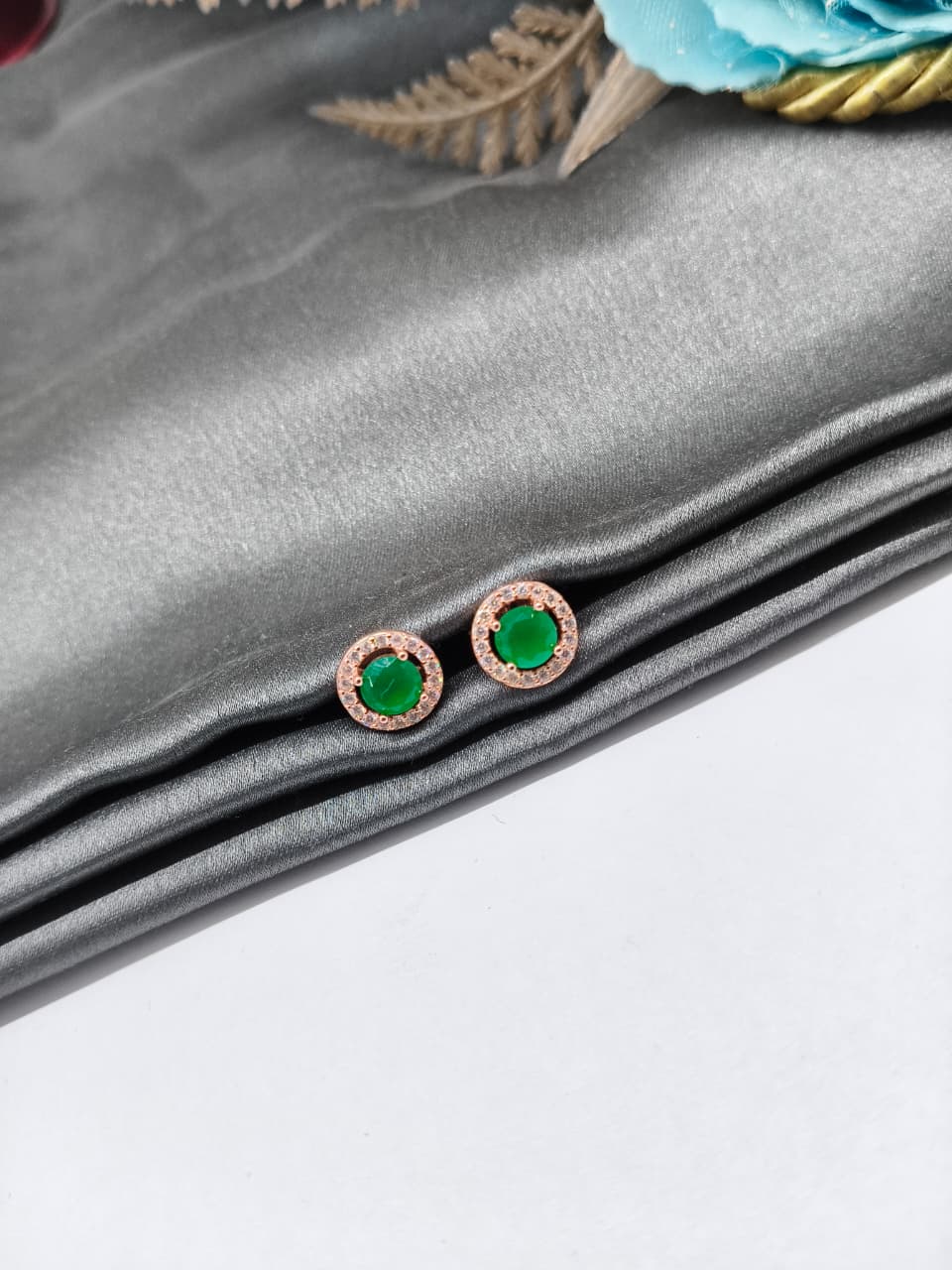 925 Silver Rose Gold Round Design 1 Green With Small White Stone Earrings