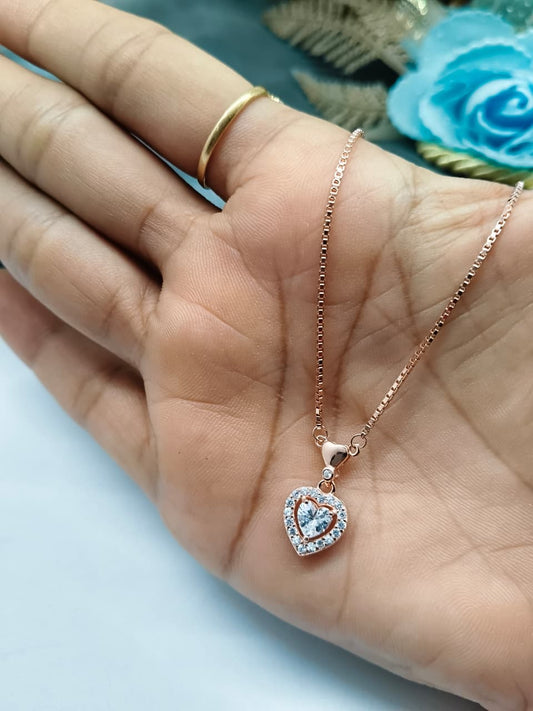 925 Silver Rose Gold Colour Heart Design White Stone Chain Pendant