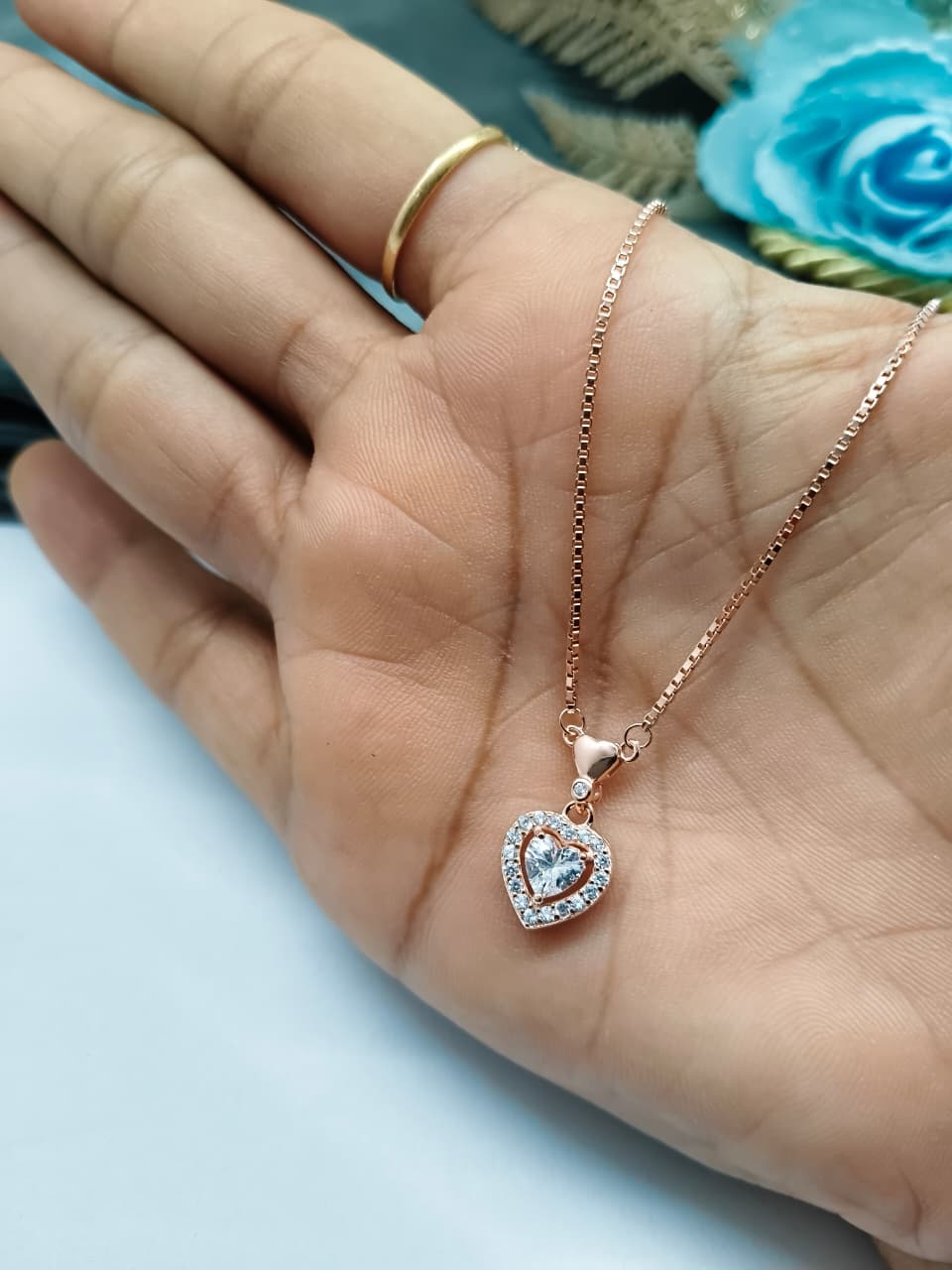 925 Silver Rose Gold Colour Heart Design White Stone Chain Pendant