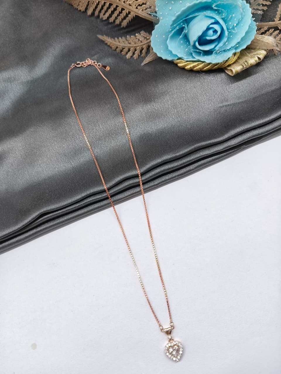 925 Silver Rose Gold Colour Heart Design White Stone Chain Pendant