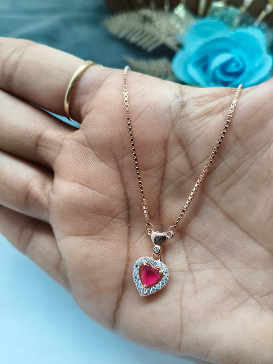 925 Silver Rose Gold Colour Heart Design Red With White Stone Chain Pendant