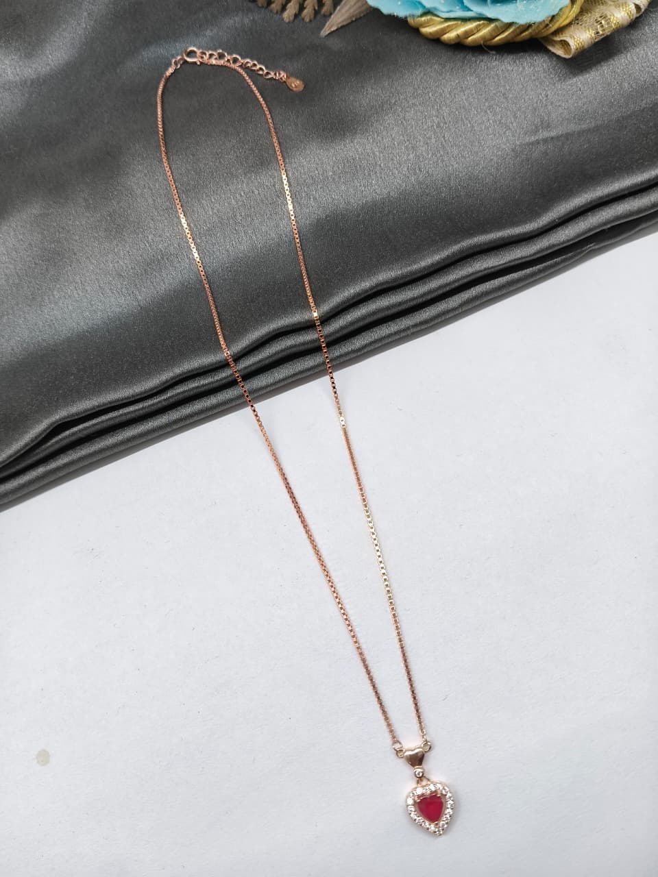 925 Silver Rose Gold Colour Heart Design Red With White Stone Chain Pendant
