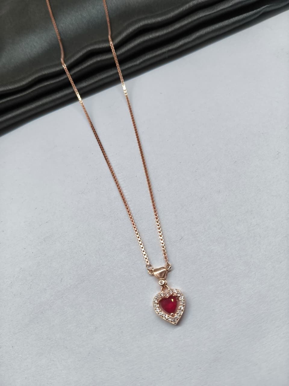 925 Silver Rose Gold Colour Heart Design Red With White Stone Chain Pendant