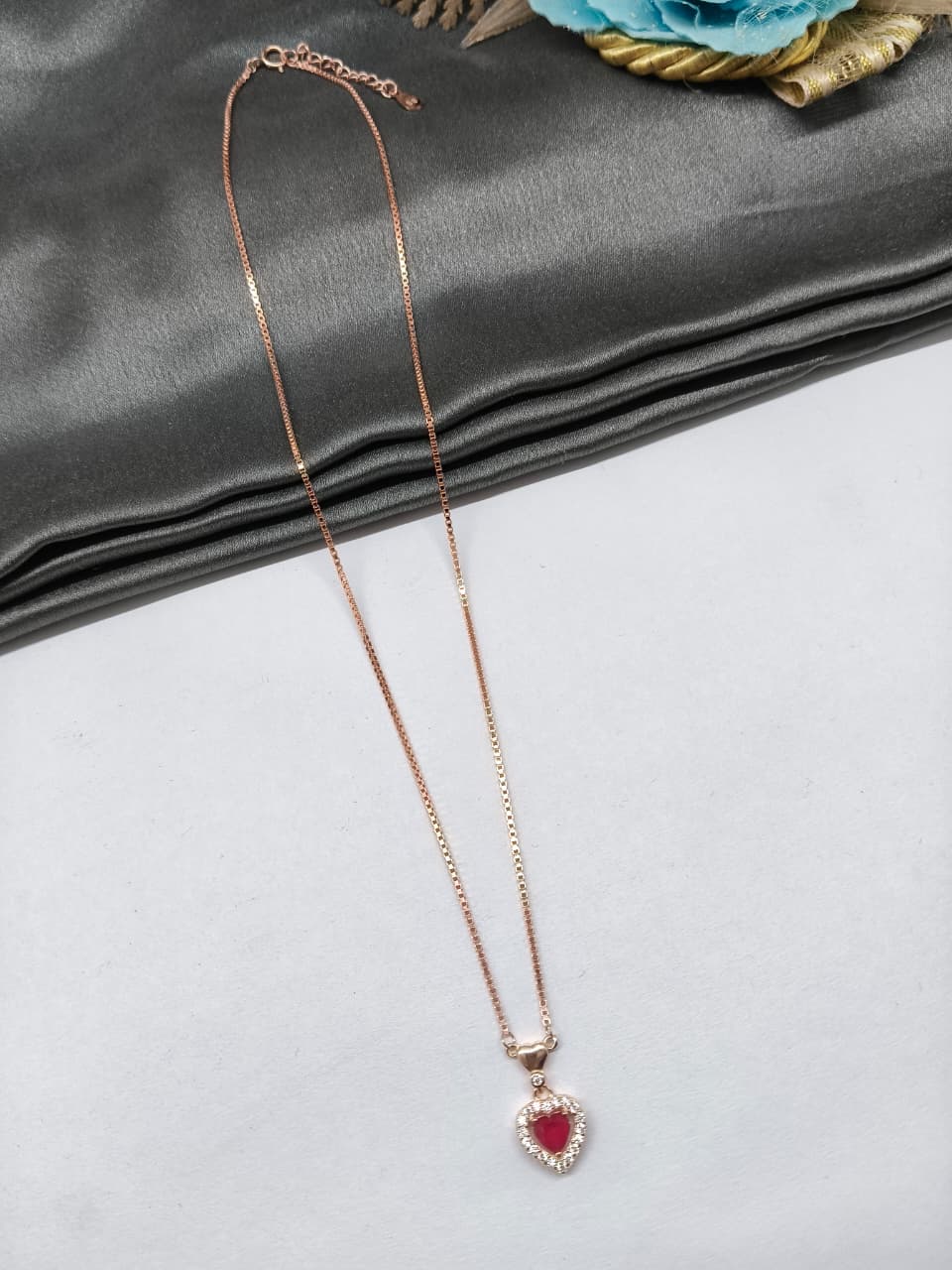 925 Silver Rose Gold Colour Heart Design Red With White Stone Chain Pendant