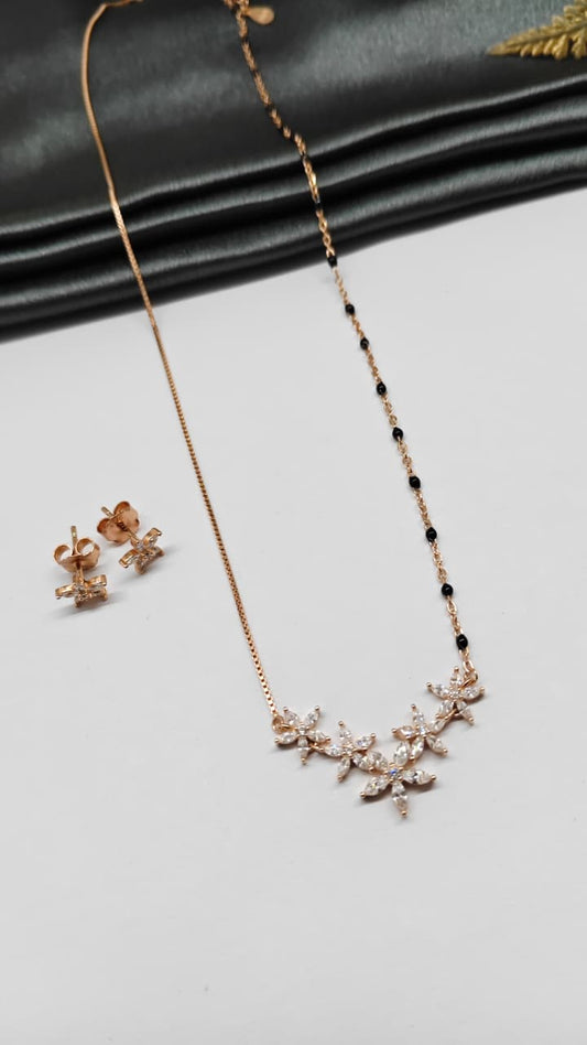 925 Silver Rose Gold Colour Mangalsutra Black Beads Multiple White Stone Necklace Set