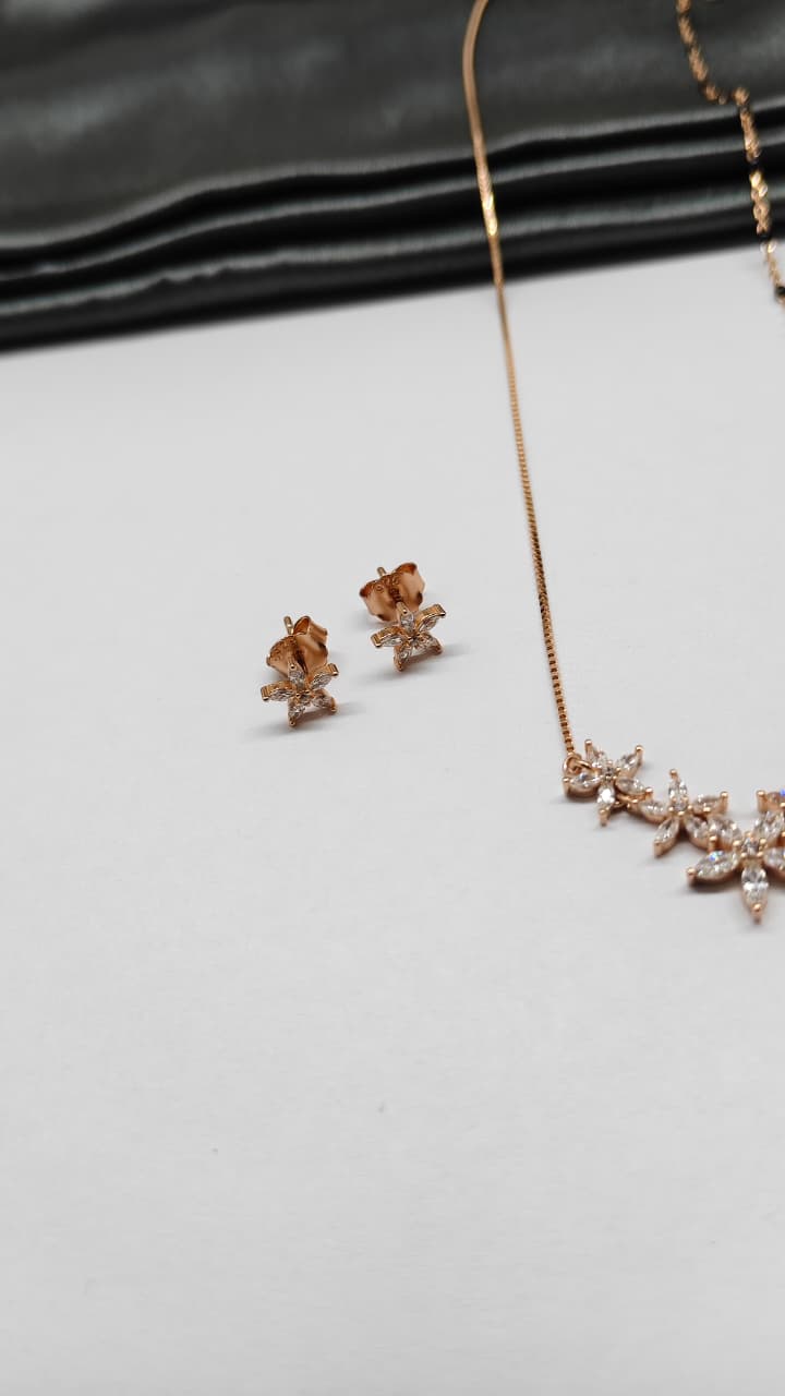 925 Silver Rose Gold Colour Mangalsutra Black Beads Multiple White Stone Necklace Set