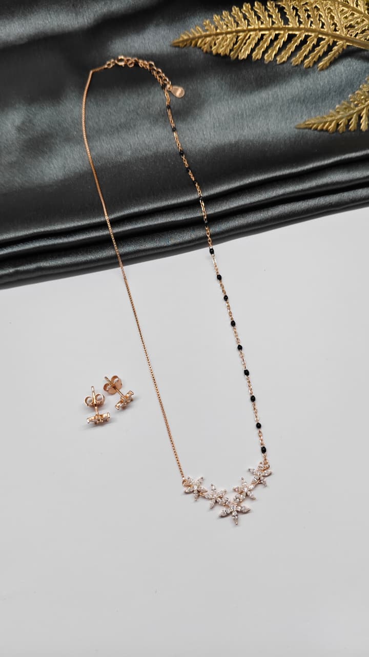 925 Silver Rose Gold Colour Mangalsutra Black Beads Multiple White Stone Necklace Set
