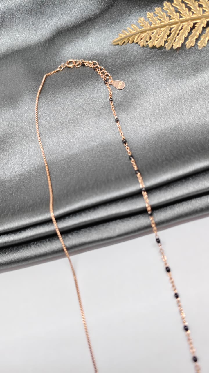 925 Silver Rose Gold Colour Mangalsutra Black Beads Multiple White Stone Necklace Set