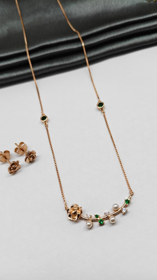 925 Silver Rose Gold Colour Flower Pearl Design Green Stone Set With Earring