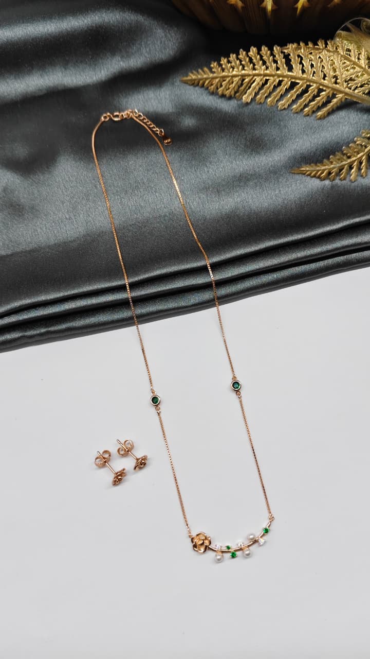 925 Silver Rose Gold Colour Flower Pearl Design Green Stone Set With Earring