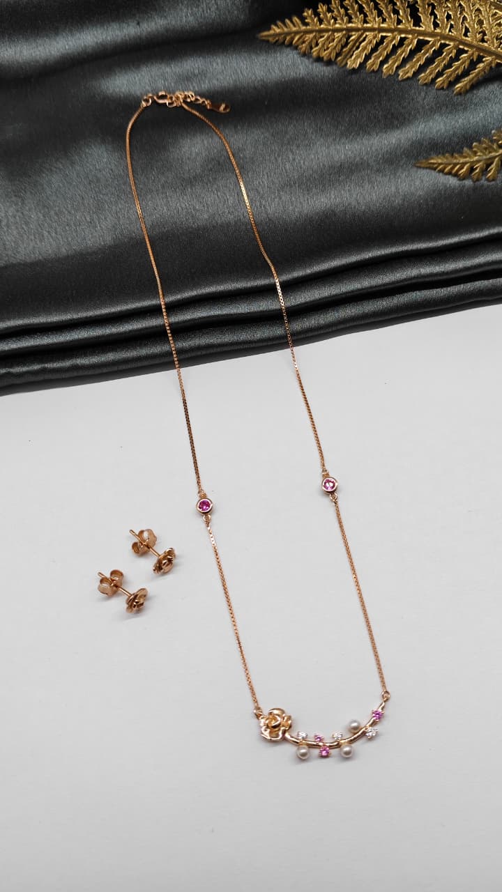 925 Silver Rose Gold Colour Heart Pearl Design Pink Stone Set With Earring