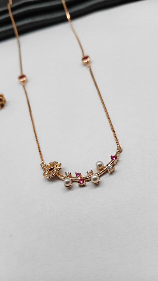 925 Silver Rose Gold Colour Heart Pearl Design Pink Stone Set With Earring