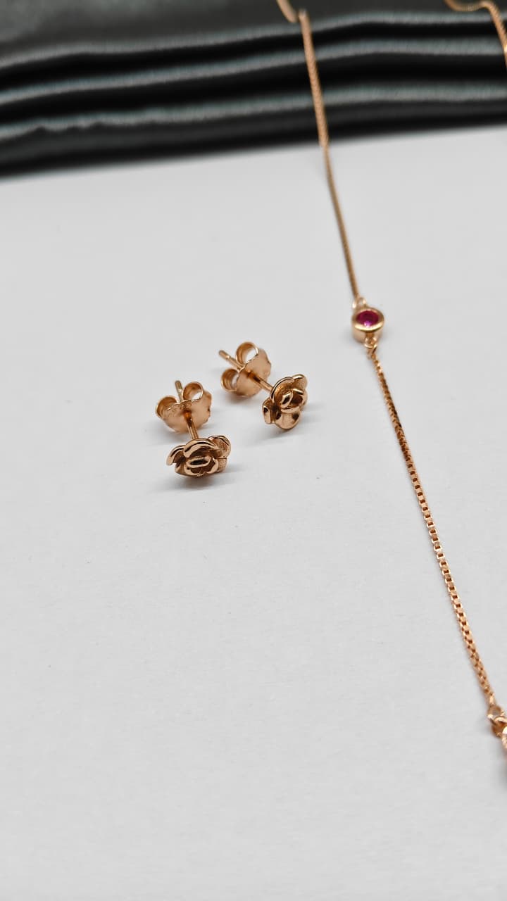 925 Silver Rose Gold Colour Heart Pearl Design Pink Stone Set With Earring