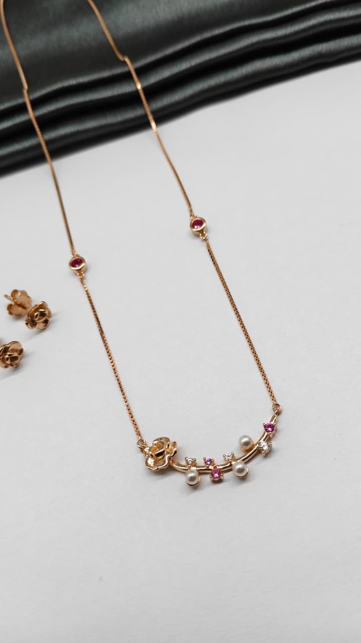 925 Silver Rose Gold Colour Heart Pearl Design Pink Stone Set With Earring