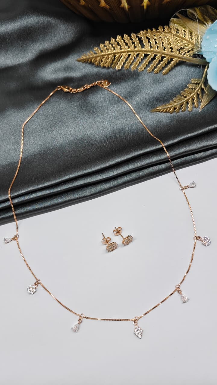925 Silver Rose Gold Colour Charms Hanging Design White Stone Necklace Set