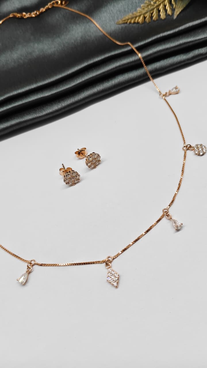 925 Silver Rose Gold Colour Charms Hanging Design White Stone Necklace Set