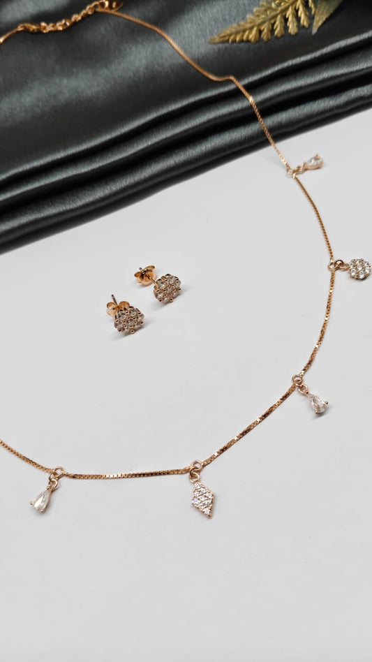 925 Silver Rose Gold Colour Charms Hanging Design White Stone Necklace Set