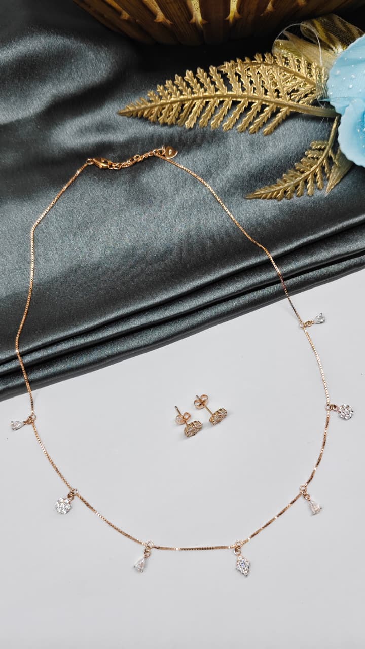 925 Silver Rose Gold Colour Charms Hanging Design White Stone Necklace Set