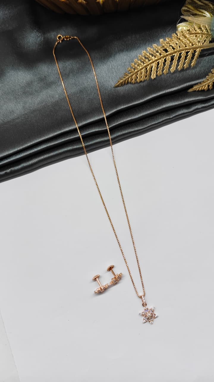 925 Silver Rose Gold Colour White Stone Design Chain Pendant Set With Earrings