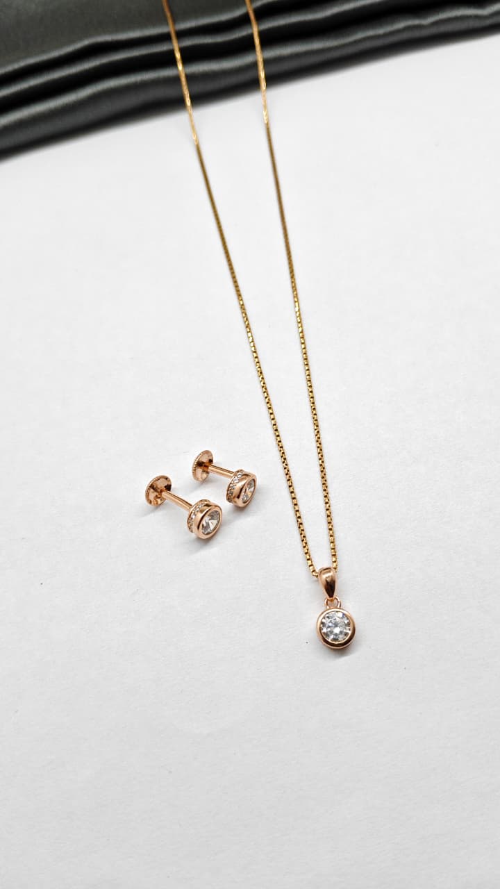 925 Silver Rose Gold Colour White Stone Design Chain Pendant Set With Earrings