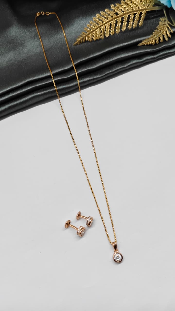 925 Silver Rose Gold Colour White Stone Design Chain Pendant Set With Earrings