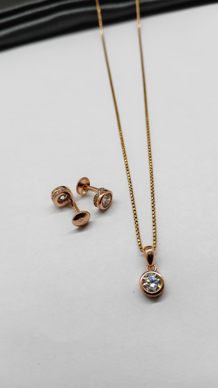 925 Silver Rose Gold Colour White Stone Design Chain Pendant Set With Earrings