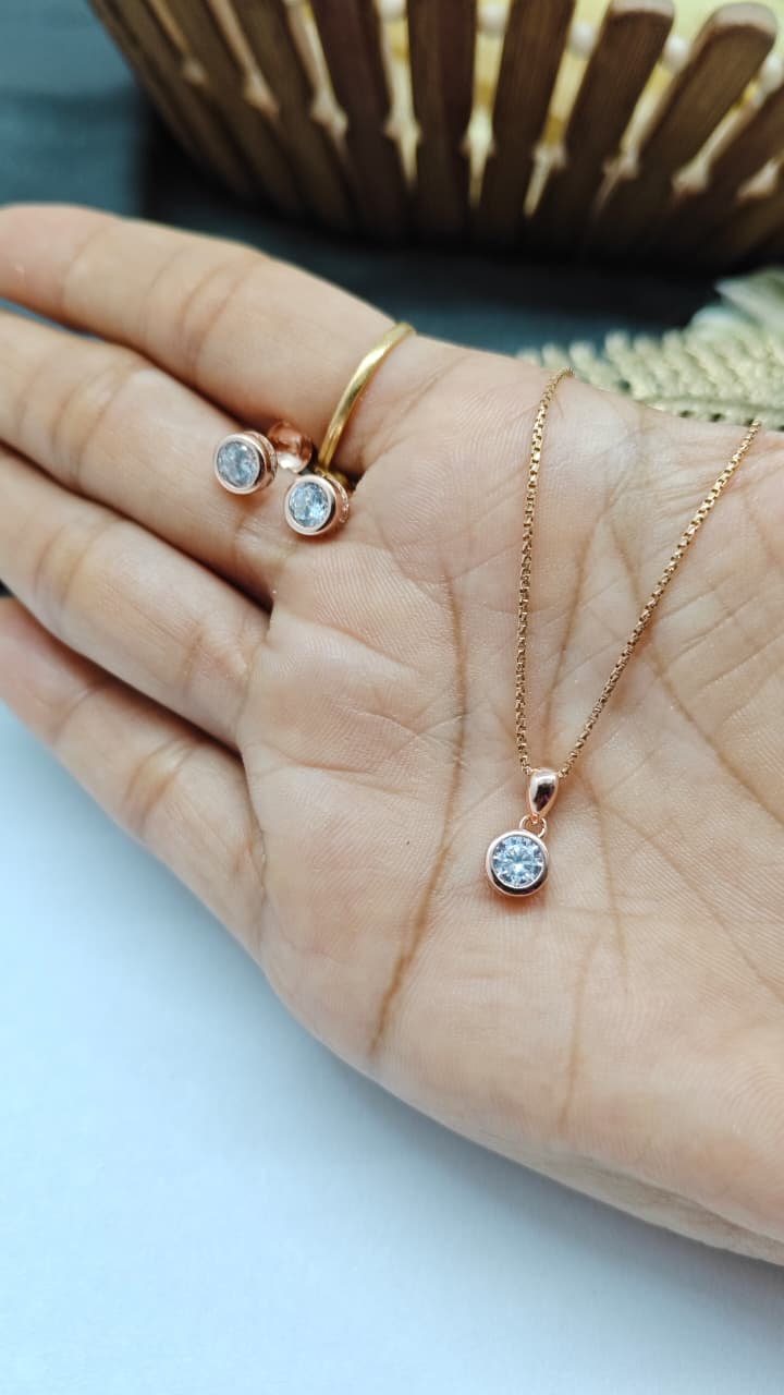 925 Silver Rose Gold Colour White Stone Design Chain Pendant Set With Earrings