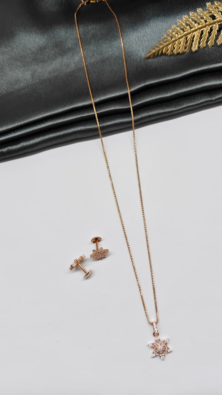 925 Silver Rose Gold Colour Star Multiple White Stone Design Chain Pendant Set With Earrings