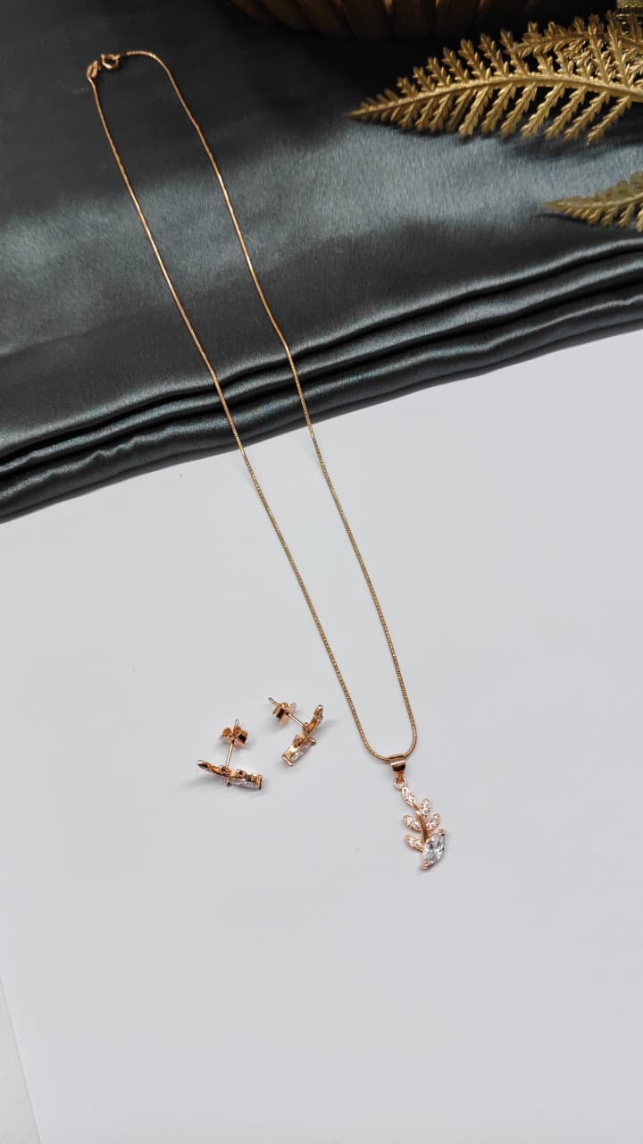 925 Silver Rose Gold Colour Leaf With White Stone Design Chain Pendant Set With Earrings