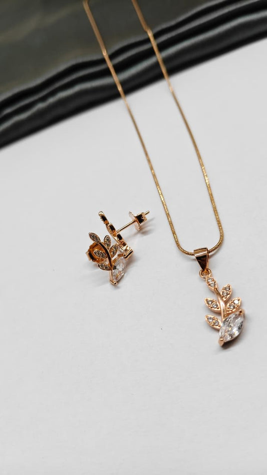 925 Silver Rose Gold Colour Leaf With White Stone Design Chain Pendant Set With Earrings