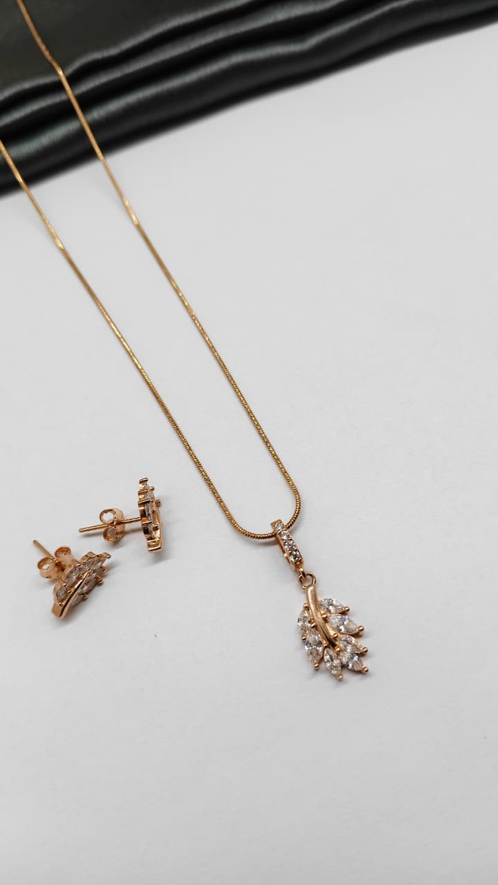 925 Silver Rose Gold Colour Leaf With White Stone Design Chain Pendant Set With Earrings