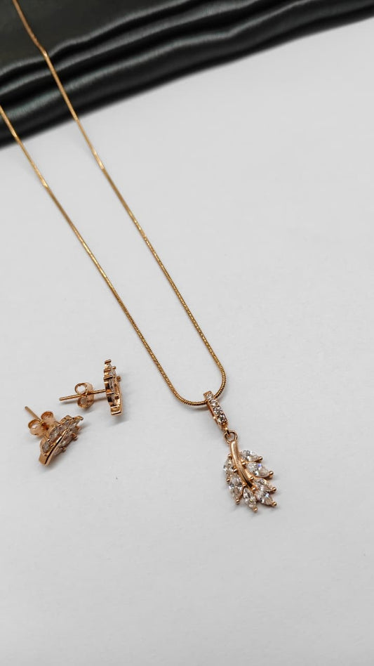 925 Silver Rose Gold Colour Leaf With White Stone Design Chain Pendant Set With Earrings