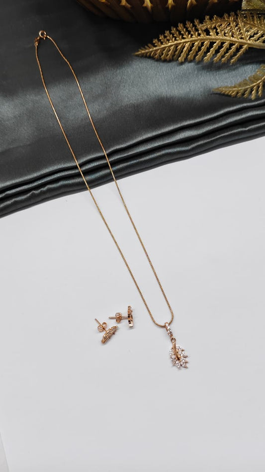 925 Silver Rose Gold Colour Leaf With White Stone Design Chain Pendant Set With Earrings