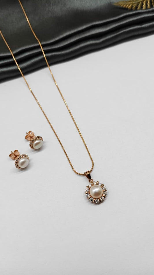 925 Silver Rose Gold Colour Pearl With White Stone Design Chain Pendant Set With Earrings