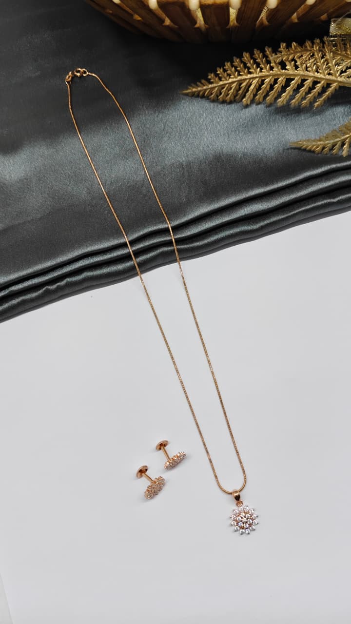 925 Silver Rose Gold Colour White Stone Design Chain Pendant Set With Earrings