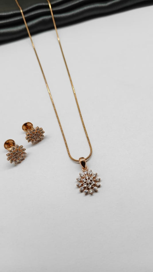 925 Silver Rose Gold Colour White Stone Design Chain Pendant Set With Earrings