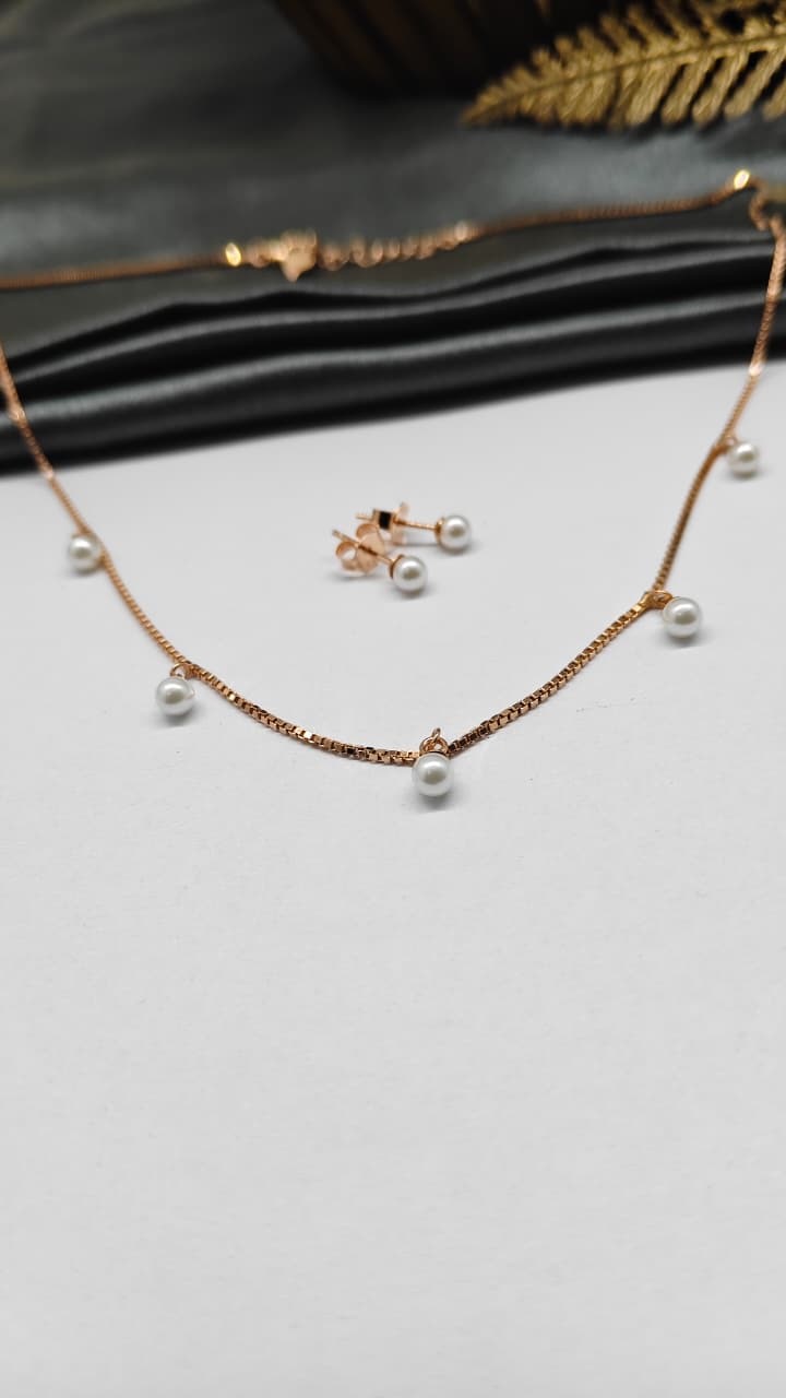 925 Silver Rose Gold Colour Pearl Hanging Design Set With Earring