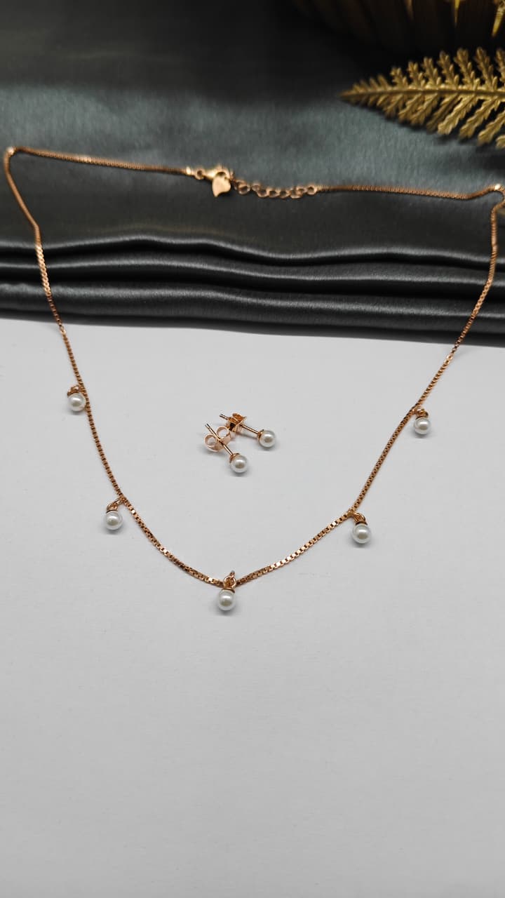 925 Silver Rose Gold Colour Pearl Hanging Design Set With Earring