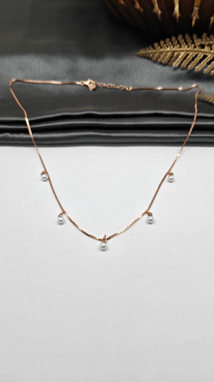 925 Silver Rose Gold Colour Pearl Hanging Design Set With Earring