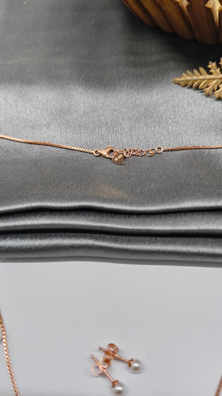 925 Silver Rose Gold Colour Pearl Hanging Design Set With Earring