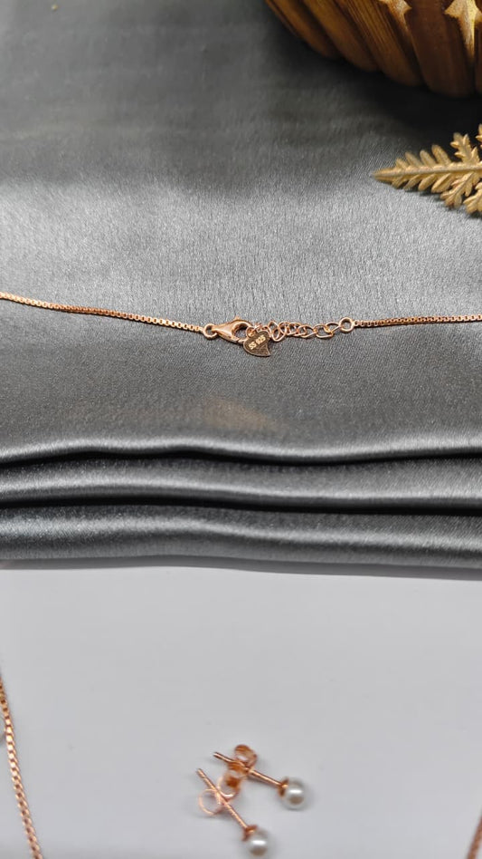925 Silver Rose Gold Colour Pearl Hanging Design Set With Earring