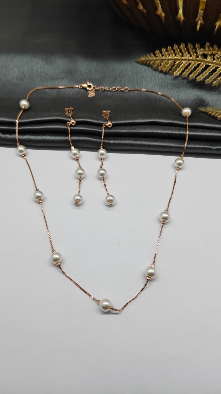 925 Silver Rose Gold Colour 9 Pearl  Design Set With Earring