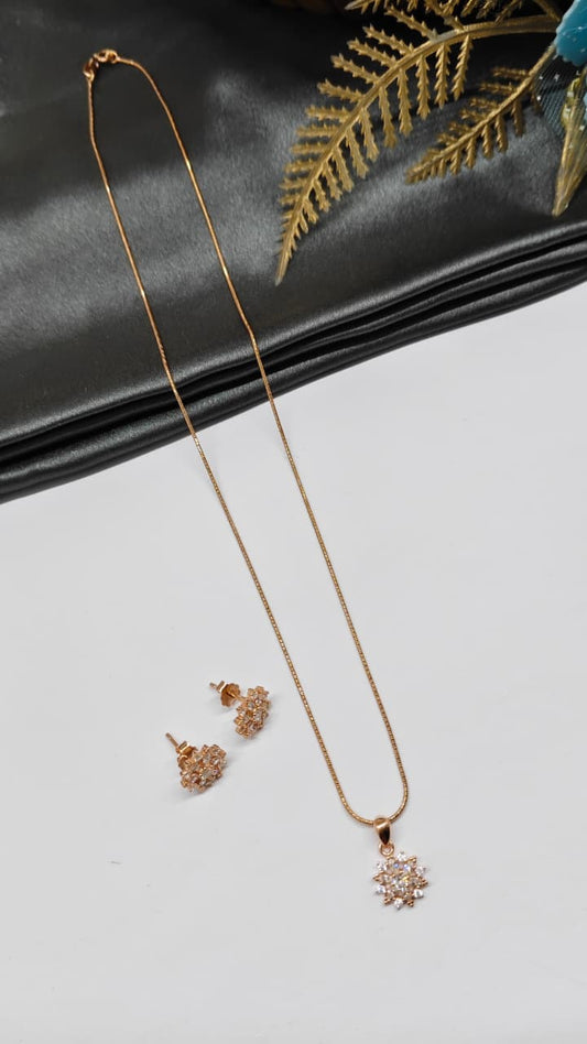 925 Silver Rose Gold Colour Multiple White Stone Design Chain Pendant Set With Earrings