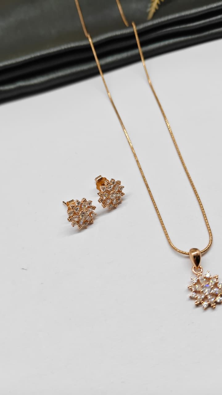 925 Silver Rose Gold Colour Multiple White Stone Design Chain Pendant Set With Earrings