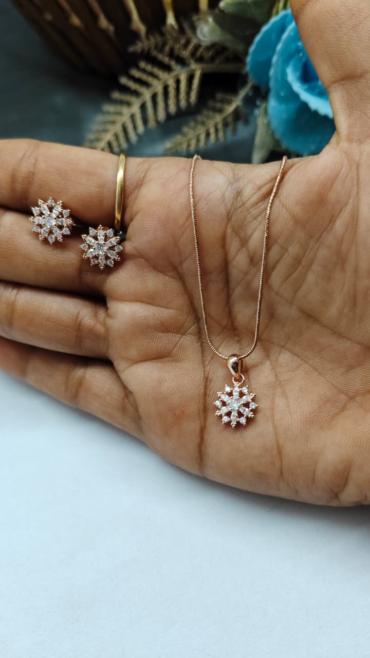 925 Silver Rose Gold Colour Multiple White Stone Design Chain Pendant Set With Earrings