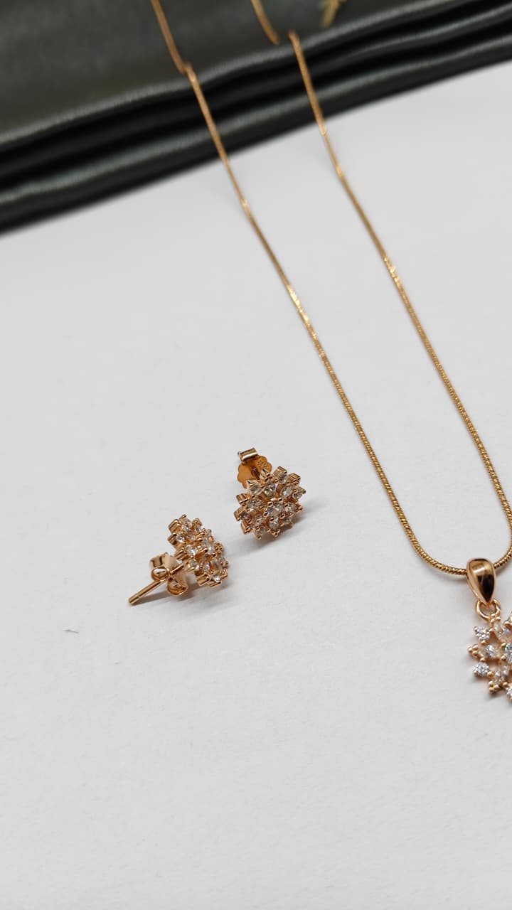 925 Silver Rose Gold Colour Multiple White Stone Design Chain Pendant Set With Earrings