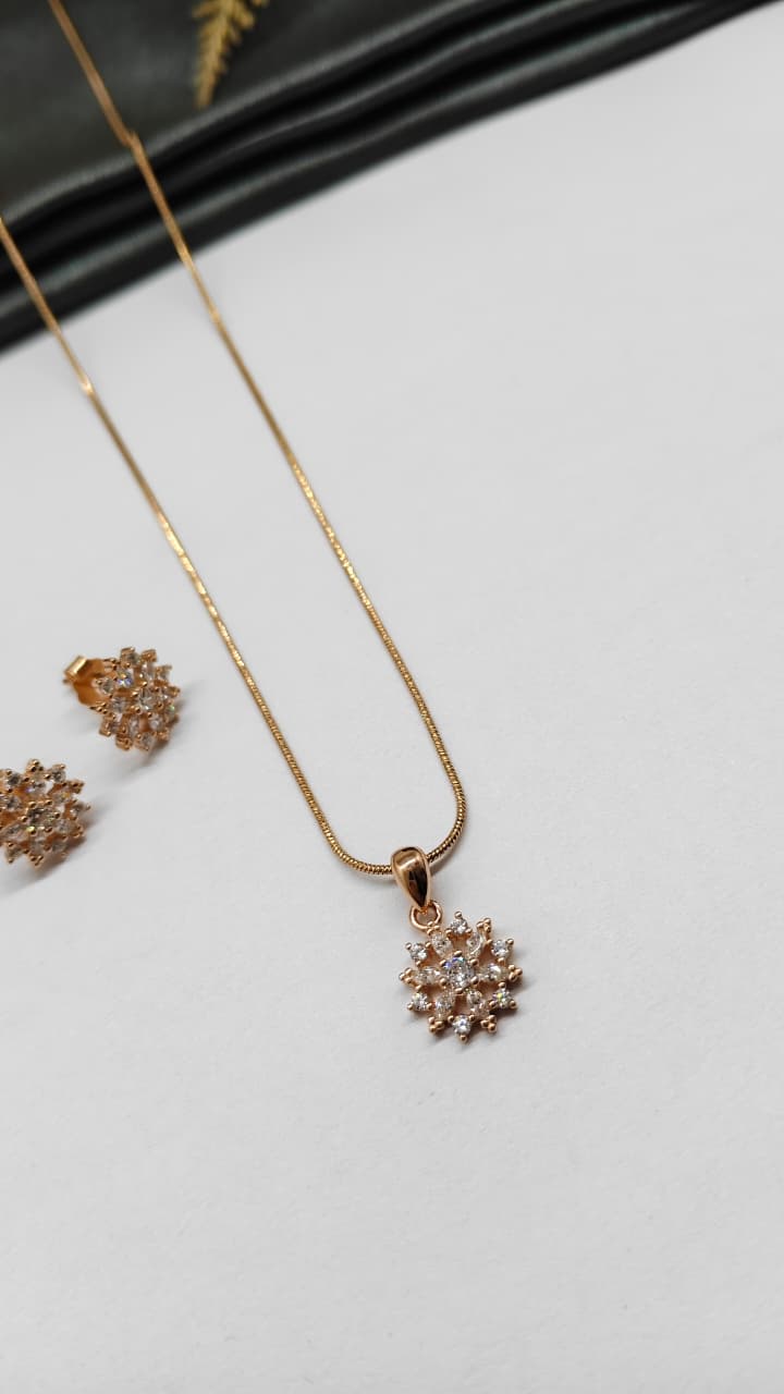 925 Silver Rose Gold Colour Multiple White Stone Design Chain Pendant Set With Earrings