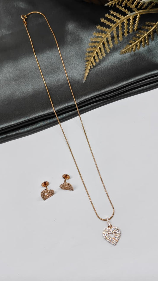 925 Silver Rose Gold Colour White Stone Heart Design Chain Pendant Set With Earrings