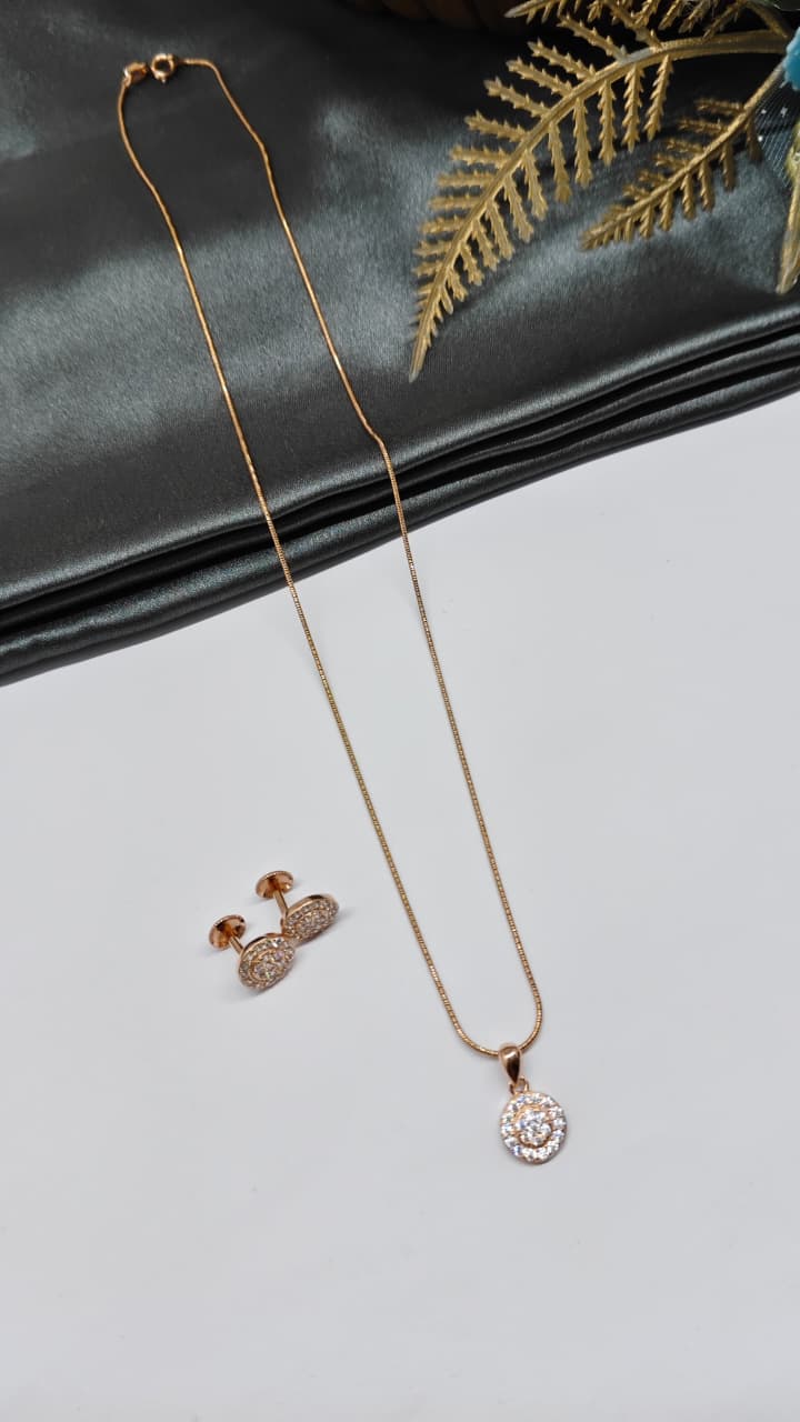 925 Silver Rose Gold Colour White Stone Double Round Design Chain Pendant Set With Earrings