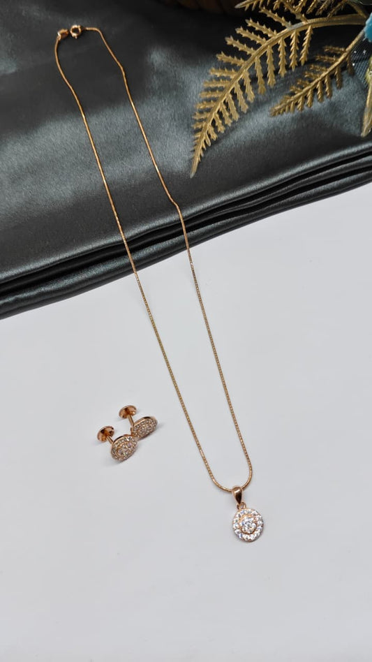 925 Silver Rose Gold Colour White Stone Double Round Design Chain Pendant Set With Earrings